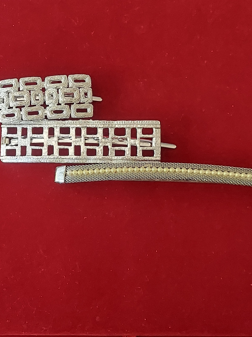 Lot Of 3 Vintage Cast Metal Silver Tone Hair Clip Barrettes - 1970's
